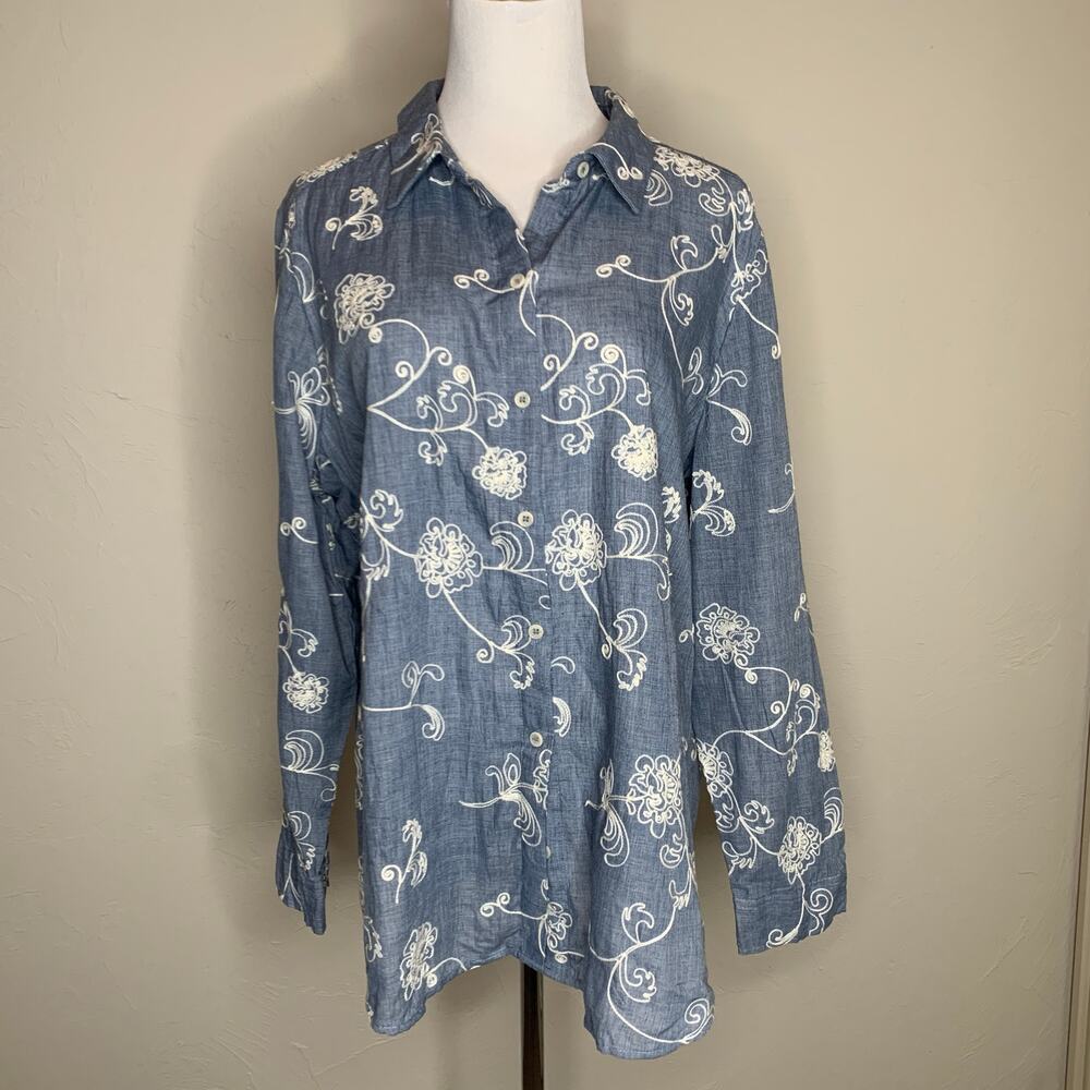 Chico's Blue Woven Shirt Embroidered Floral Pattern Sz 2 Large